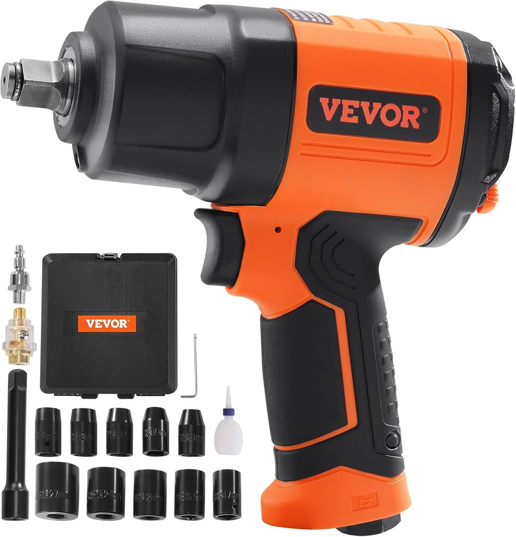 VEVOR 1/2-Inch Air Impact Wrench - High Torque 1400 ft-lbs - Lightweight 4.6 lb - Includes 11-Piece CR-V Steel Impact Socket Set & Carrying Case