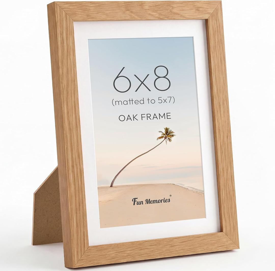 Fun Memories 6x8 Picture Frame, Solid Oak Wood 6 by 8 Photo Frames for Wall or Tabletop Display, Rustic 6 x 8 Wood Frames for Home Decor, 6x8 Frame Matted to 5x7, Natural Color