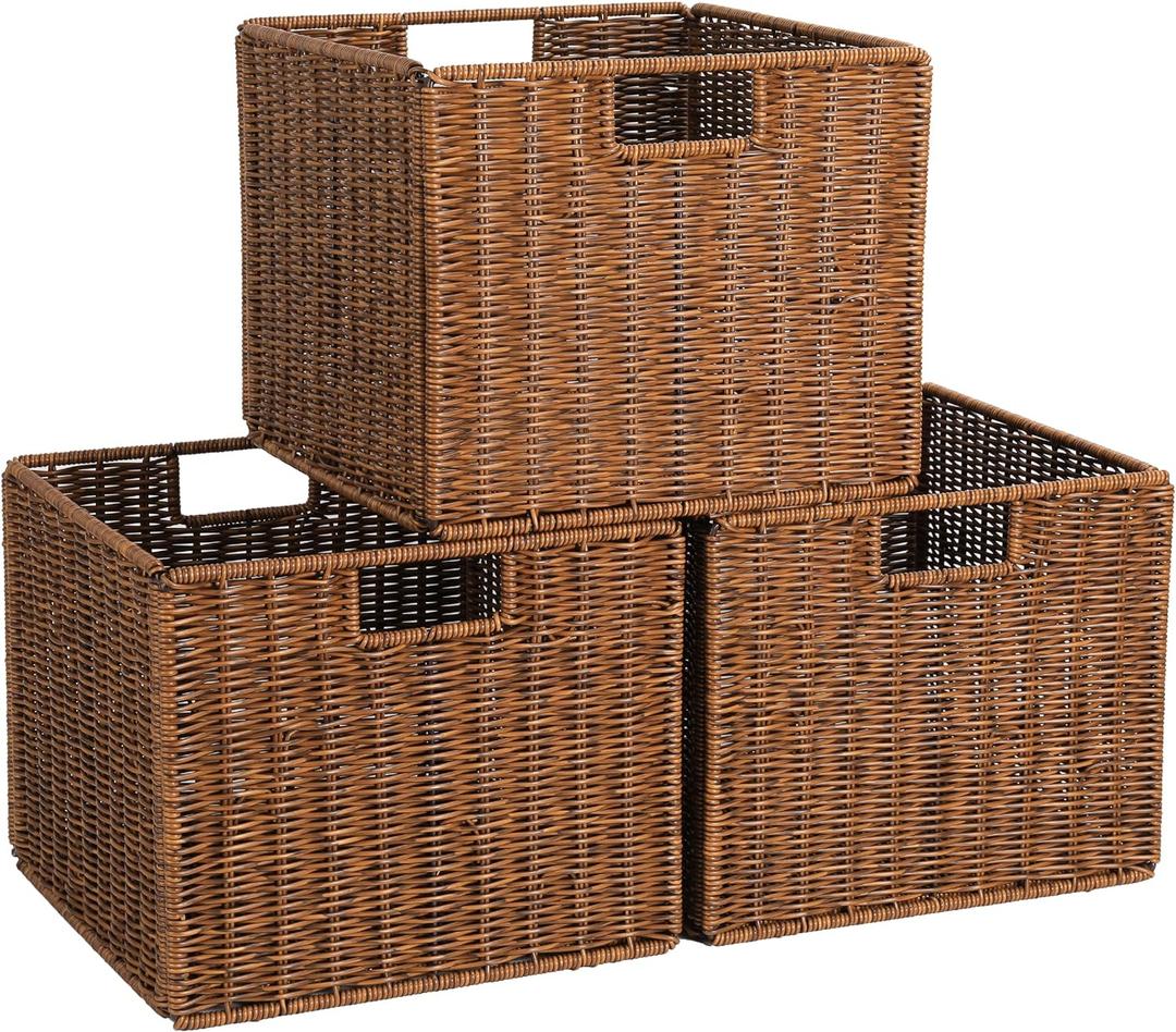 Wicker Storage Basket - Large 12x12x10in Cube, Woven Wicker for Shelves, Pantry, Kitchen & Bathroom Organization (Brown)