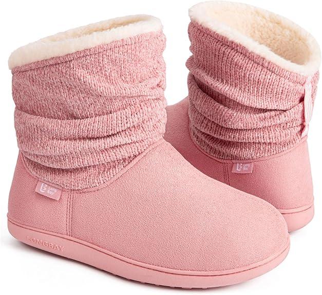 LongBay Women's Warm Chenille Knit Bootie Slippers Memory Foam Comfy Suede Fluffy Faux Fur Boots House Shoes Size 7-8
