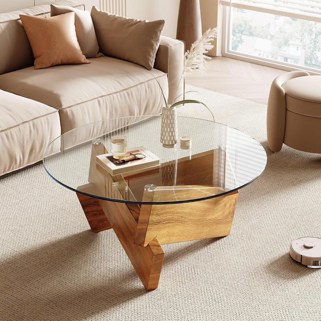 Honyee Modern Round Coffee Table, 30.7" x 30.7" x 16.1" Tempered Glass Top for Living Room, Color: Natural Wood