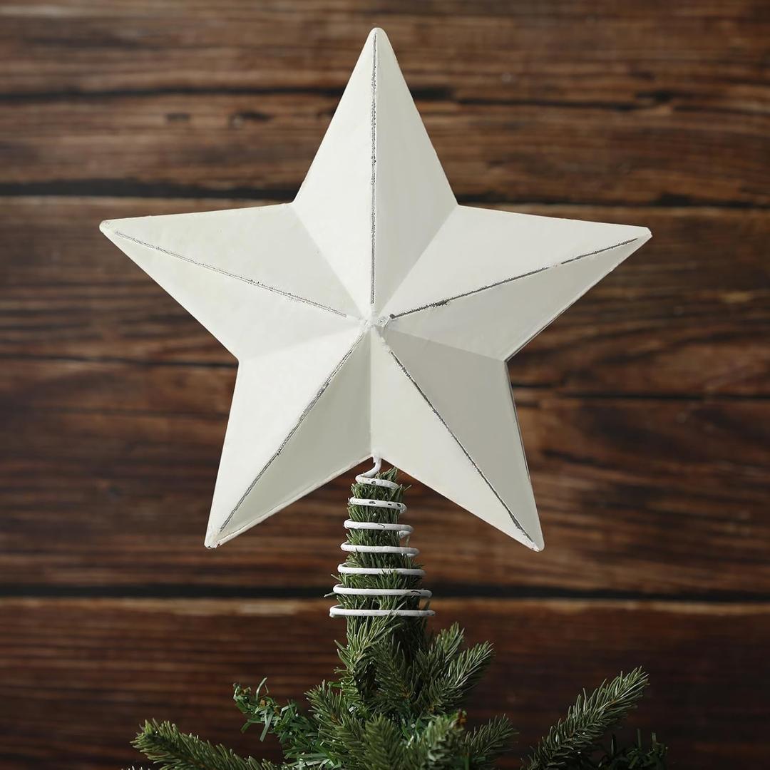 Civaner 10 Inch Metal Rustic Christmas Star Tree Topper Vintage Star Tree Topper Farmhouse Metal Christmas Treetop Decorative for Xmas Holiday Party Ornament Home Indoor Decoration(White)