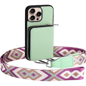 XANGNIER Wallet Case for iPhone 16 Pro Max, RFID Blocking PU Leather Crossbody Phone Purse with Card Holder, Zipper Pocket, Wrist Strap & Adjustable Lanyard for Women 6.9" 5G,Green
