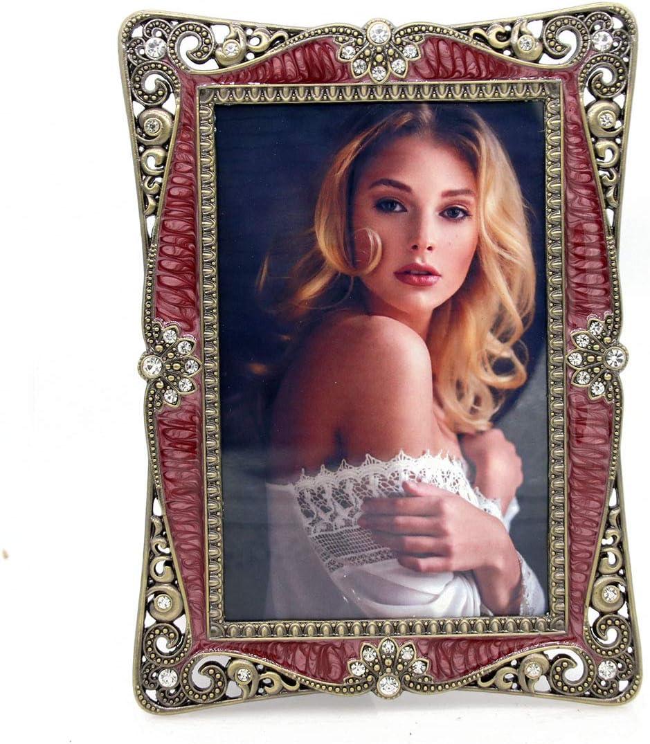 LXZ Vintage Retro Brass Plated Metal Picture Frame Decorated with Crystals - Clear Glass Front Cover - Tabletop Display Vertically or Horizontally, Size 4 x 6 Inches