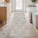 Washable Bathroom Runner Rug 2x6 - Long Runner Rugs for Laundry Room, Bedroom, 24 x 72 Kitchen Floor Mat - Non Slip Vintage Design Dcor, Beige Blue