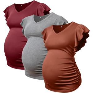 Maternity Shirts 3 Packs Flying Short Sleeve Pregnancy Tops V Neck Side Ruched Tees (Medium, Wine Red / Grey / Caramel)