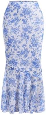Milumia Women's Floral Mesh Ruffle Hem Maxi Skirt High Waisted Fishtail Long Skirts, Size XS