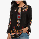 AK Women's Embroidered Tops Mexican Shirt V Neck Summer Casual Tops Peasant Tunic Loose Blouse, XL