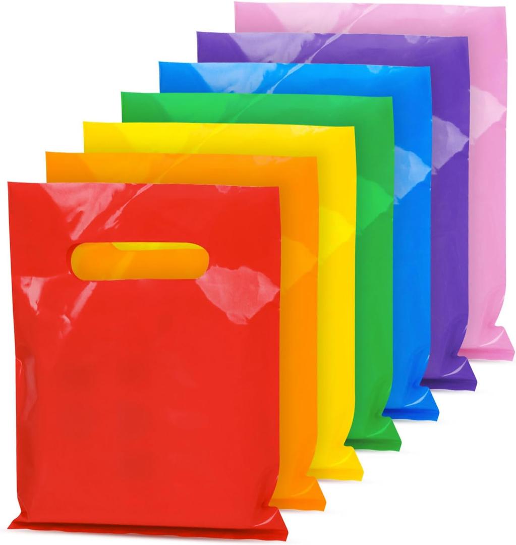 140 PCS 6" x 8" Colorful Gift Bags, 7 Bright Colors Party Favor Pouches, Reusable Plastic Goodie Bags with Handles, Small business essentials for Birthday, Christmas, Halloween, Holiday, Events