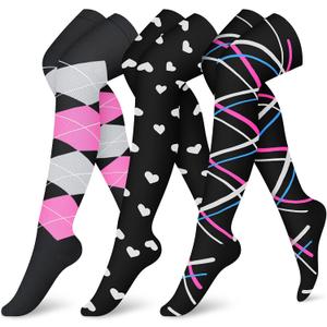 CHARMKING Compression Socks (3 Pairs) Knee High Compression Sock for Women & Men Stockings for Running, Cycling,Athletic (Small-Medium, 08 Pink/Pink/Black)