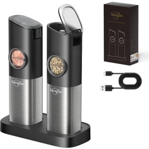 Sangcon Gravity Electric Salt and Pepper Grinder Set [Upgraded Larger Capacity] USB Rechargeable With Dual Charging Base - Automatic One Hand Operation - Adjustable Coarseness & LED Light Refillable (Black)