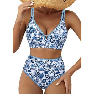 Herseas Women's High Waisted Bikini Sets Deep V Neck Cutout Swimsuits Supportive 2 Piece Slimming Bathing Suit Fashionable Cruise Outfits Greek Key Trim Blue Floral, Size Medium