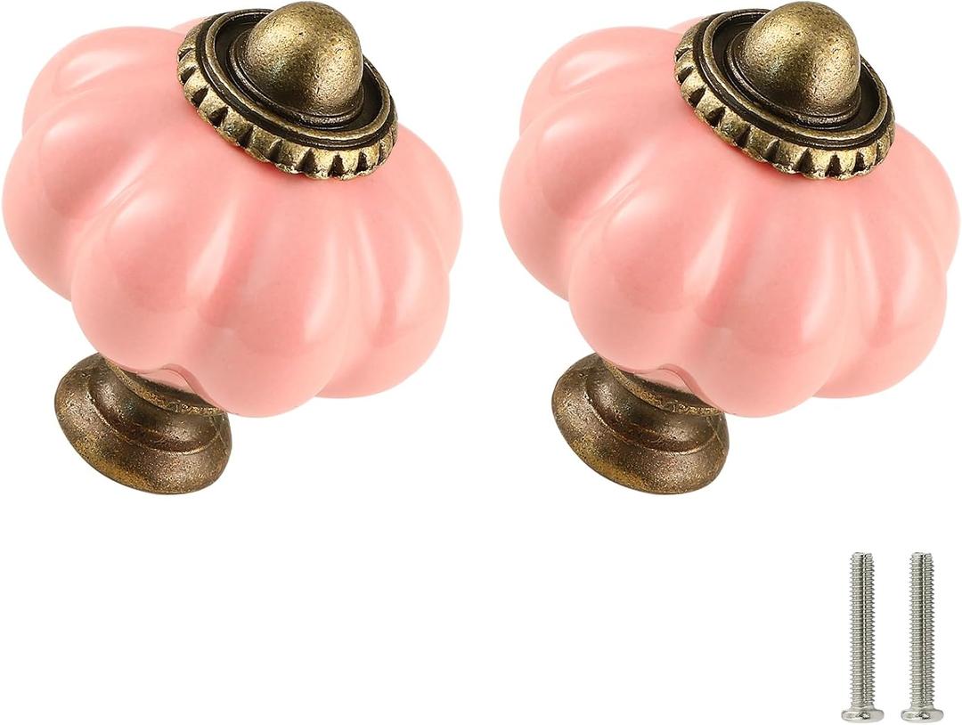 Zernmiarder Pink Pumpkin Knobs 2 Pack Ceramic Cabinet Knobs Vintage Drawer Pulls - Antique Dresser Pulls with Screws for Closet Drawer Cupboard Cabinet and DIY Home Project (1-3/8 Inch)