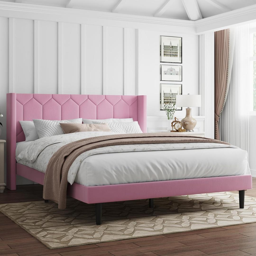 Queen Size Metal Bed Frame with Headboard, Velvet Upholstered Platform Bed Frame No Box Spring Needed, Queen Sized Modern Bedframe with Strong Wooden Slats, Pink