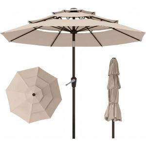 10ft 3 Tier Patio Umbrella, Outdoor Market Table Umbrella with UPF 50+ Vented Canopy, 8 Sturdy Ribs, Easy Push Button Tilt and Crank, Windproof for Deck, Pool, Backyard and Garden