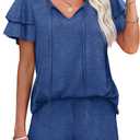WIHOLL Summer Outfits for Women 2 Piece Short Sleeve V Neck Lounge Sets Casual (Large, 1-blue)