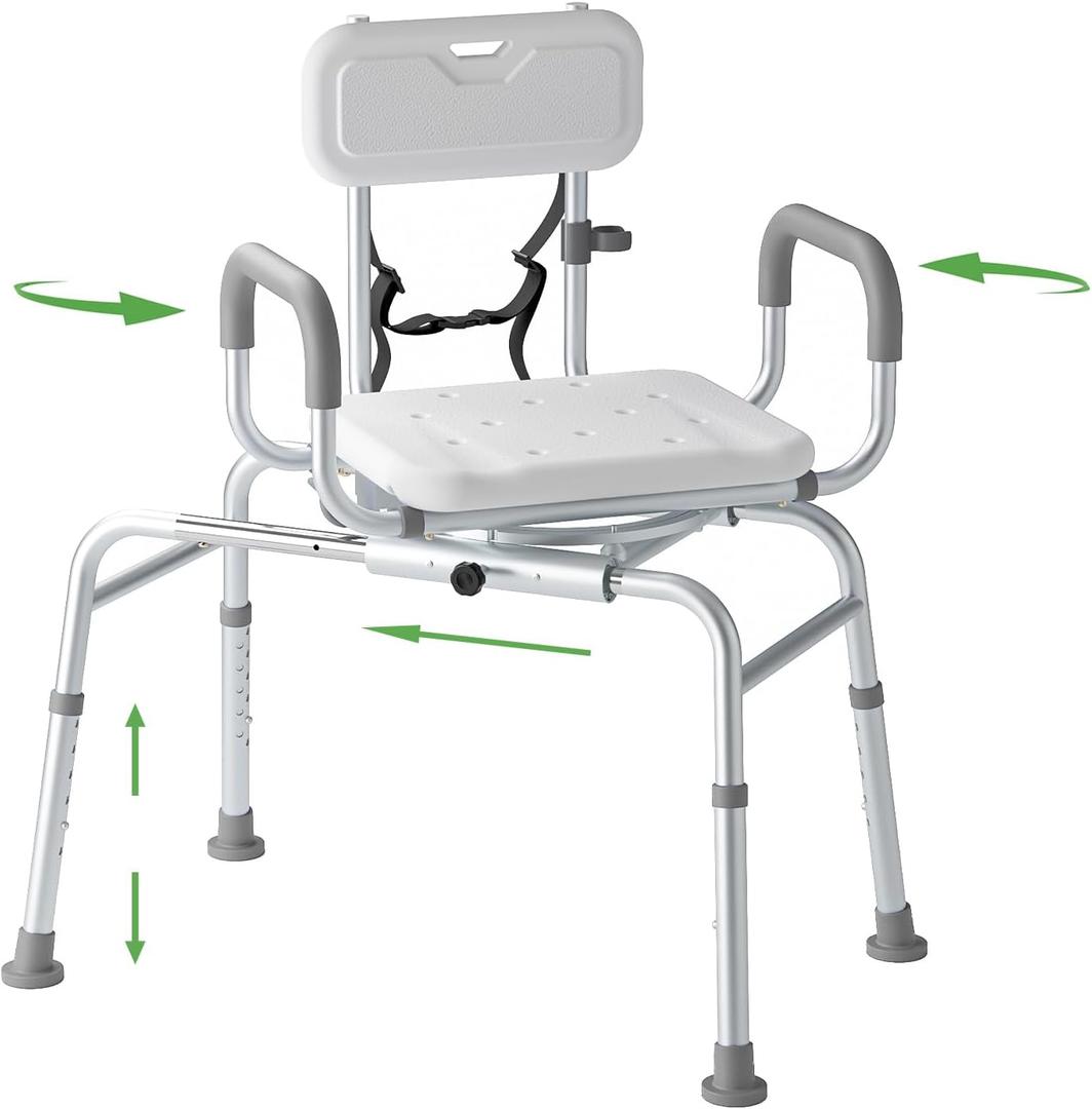 Sliding Shower Chair Tub Transfer Bench with Swivel Seat, Padded Armrest and Backrest, Height Adjustable for Bathtubs, Inside Shower, for Handicap & Seniors, 350 Lbs
