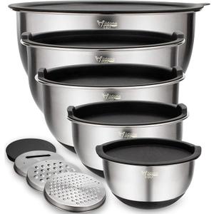 Wildone Mixing Bowls with Airtight Lids Set, 5PCS Stainless Steel Nesting Bowls for Kitchen, with Grater Attachments & Non-Slip Bottoms, Size 5, 3, 2, 1.5, 0.63 QT, Great for Mixing & Serving (Black)