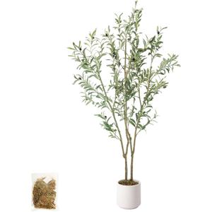 Olive Trees Artificial Indoor,Fake Olive Tree 6FT Tall 1Pack with White Planter Faux Silk Olive Tree for Home Living Room Office Decor Faux Artificial Plants Indoor with Fruit & Free Moss