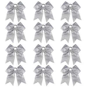 DEEKA 12 PCS 7" Large Glitter Cheer Bows Shiny Cheer Hair Bows Ponytail Holder Handmade for Cheerleader Girls Softball Sports -Silver
