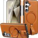 for Samsung Galaxy S25 Plus Case with Stand, Anti-Slip Shockproof Loop, Compatible with MagSafe, Magnetic Protective Leather Case with Camera Lens and Screen Protector (Brown)