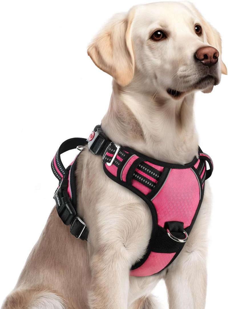 rabbitgoo Dog Harness for Large Dogs, No Pull Pet Vest with 3 Buckles, Adjustable Soft Padded Pet Harness with Easy Control Handle and Reflective Strips, Pink, Large