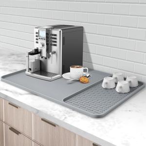 Silicone Coffee Mat, 24'' x 16'' Bar Mat with Detachable Dish Drying Mat for Countertops, Fits Under Coffee Maker, Machine, Espresso Machine, Dish Rack (Gray)