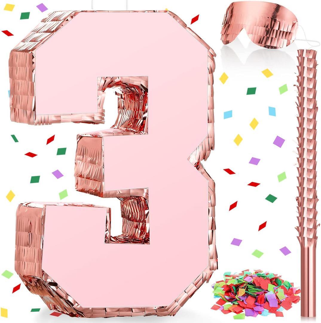 Sratte Princess Piñata with Stick Blindfold Confetti Rose Gold Piñata for Girls Birthday Party Baby Shower Anniversary Celebration Decorations Supplies, 16 x 11 Inch (Number 3)