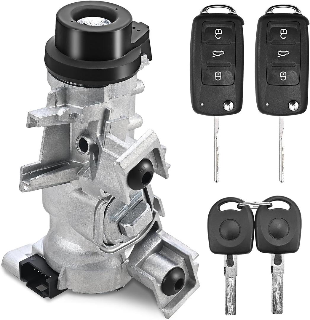 Yinlowa Ignition Switch Lock Cylinder Assembly with Keys & 48-Chip - Replaces 1K0905851B, 1K0905851 - Compatible with VW Jetta 2006-2018, Golf 2004-2011, Eos, Rabbit - 1.4L 2.0L 2.5L Engine