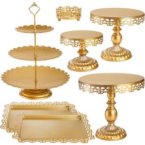 Hacaroa Set of 7 Gold Cake Stand, Metal Dessert Table Display Set Tiered Cupcake Holder, Decorative Candy Fruit Tower Plate Dessert Serving Tray Platter for Wedding, Birthday Party, Baby Shower