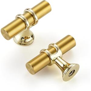 2 Pack Gold Cabinet Knobs 2 Inch - Brushed Brass Drawer Knobs Single Hole Gold 6T Bar Hardware Drawer Pulls for Kitchen Cabinets and Dressers