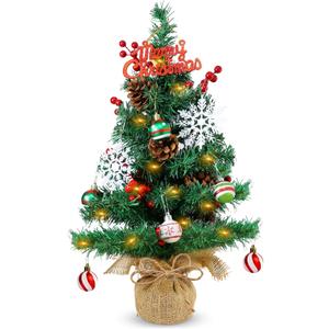 23.6 Inch Mini Tabletop Christmas Tree with Lights- Artificial Small Christmas Tree with 30 LED Lights & DIY Ball Ornaments Red Berries Pine Cone for Xmas Holidays Table Mantle Decor