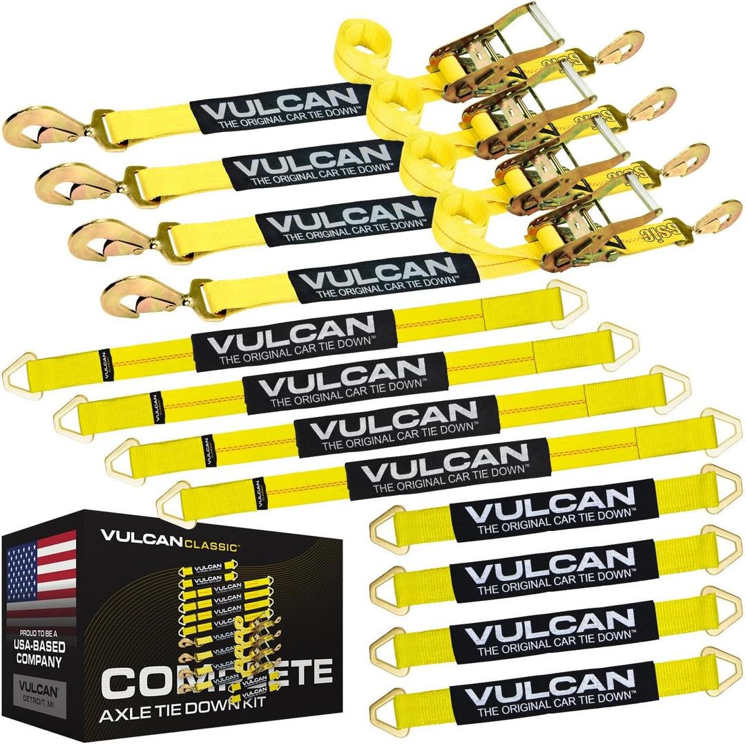 VULCAN Complete Axle Strap Tie Down Kit with Snap Hook Ratchet Straps - Classic Yellow - Includes (4) 22 Inch Axle Straps, (4) 36 Inch Axle Straps, and (4) 8' Snap Hook Ratchet Straps