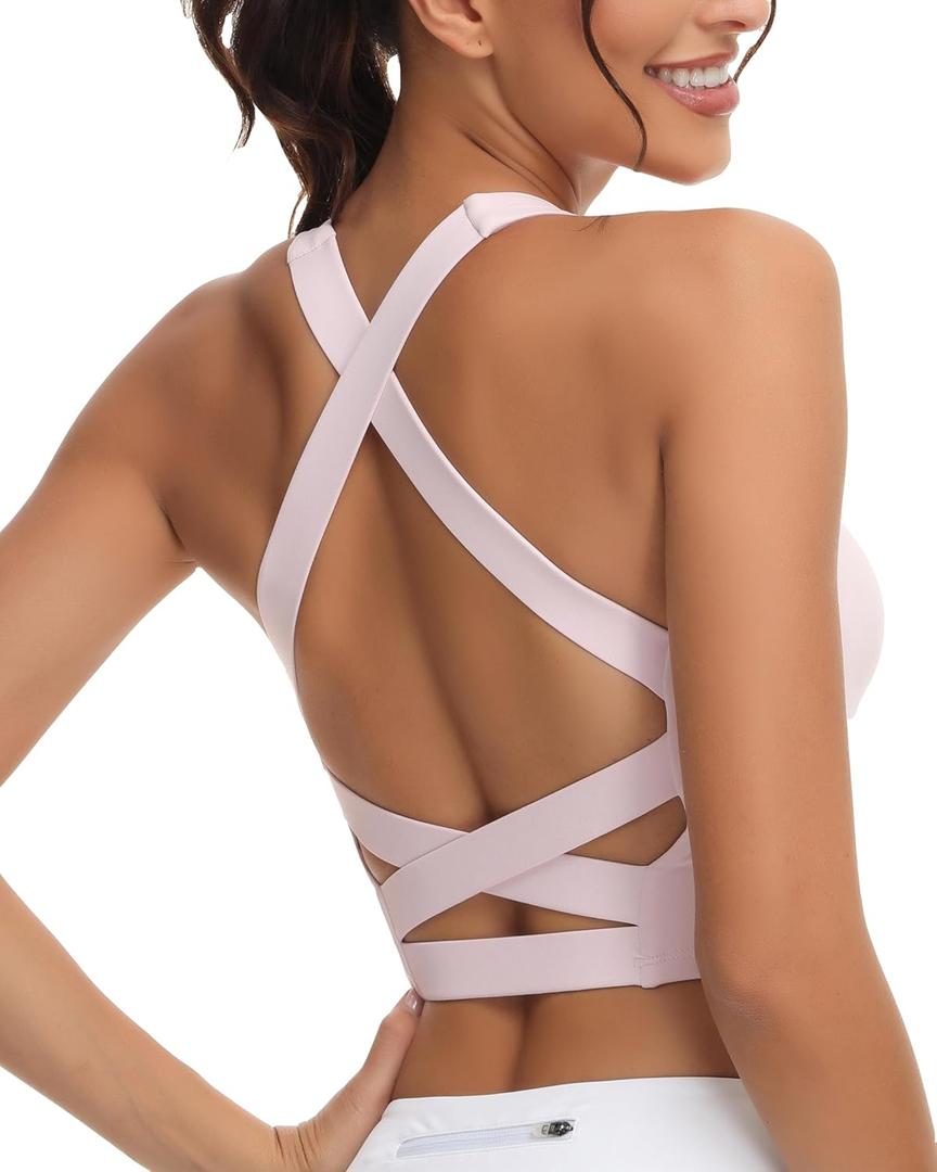 Romansong Strappy Yoga Sports Bras for Women Padded Criss-Cross Back Tank Tops (Large, Light Pink)