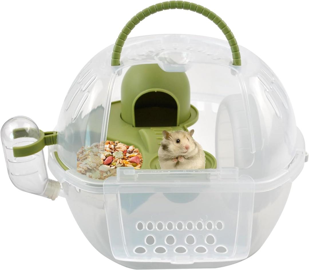 Dwarf Hamster Travel Carrier, Portable Hamsterl Cage Carrier with Silent Exercise Wheels Water Bottle Food Dish 2 Tiers Small Animal Breathable Carry Case for Mice Rat Sugar Glider (Green)