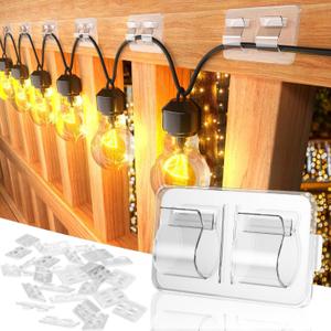 Hooks for Outdoor String Lights Clips: 54Pcs Double Hooks for Hanging - Heavy Duty Clear Cable Clips with Waterproof Adhesive Strips for Hanging Christmas Light No Drill No Damage