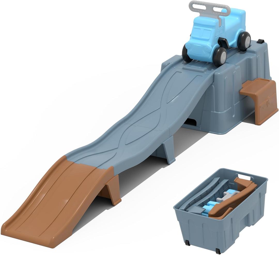 Up & Down Roller CoasterKids Ride On ToyToddler Push Car with Assembled Race Track & Storage Base Box, Indoor Outdoor Playset (Gray-brown)