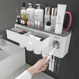 iHave Toothbrush Holders for Bathrooms, 4 Cups Toothbrush Holder Wall Mounted with Toothpaste Dispenser - Large Capacity Tray, 2 Cosmetic Drawer - Bathroom Organizer & Bathroom Accessories Set (White)