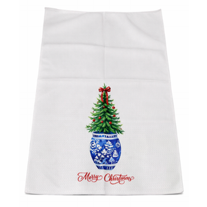 OTOUO Chinoiserie Christmas Kitchen Towels, Blue and White Chinoiserie Decor Christmas Tree Hand Towels, Coquette Red Bow Christmas Dish Towels Tea Towels, Grandmillennial Home Decor, 16x24 Inch Pack of 3
