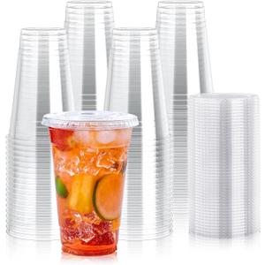 Lilymicky [90 Sets] 20 oz Clear Plastic Cups With Flat Lids, Disposable Drinking Cups, 20 oz Plastic Cups for Ice Coffee, Smoothie, Slurpee, or Any Cold Drinks