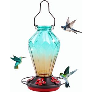 Glass Hummingbird Feeder for Outdoors Hanging, 25Oz Humming Bird Nectar Feeder, Perch, 5 Flower Feeding Ports, Leak Proof Base, Hook for Outside Garden Backyard, Gift for Women, Diamond Green