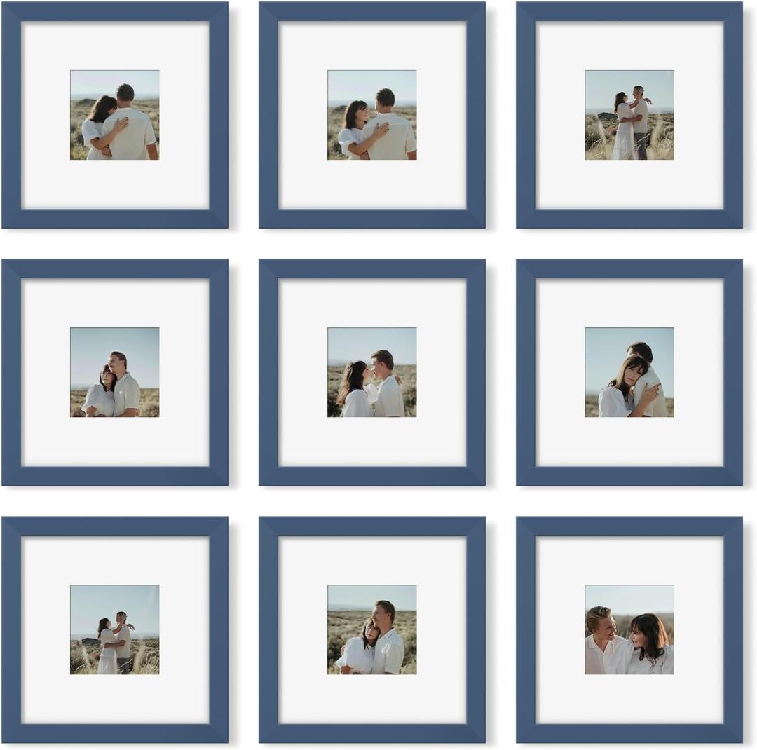 8x8 Picture Frame Set of 9, Photo Gallery Wall Frame Set, Display Pictures 4x4 with Mat or 8 x 8 Without Mat, Square Frame Picture Frames Collage Wall Decor, Blue