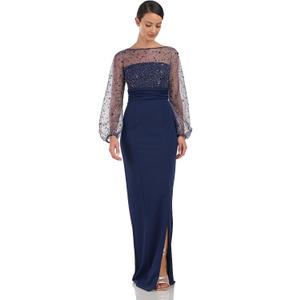 JS Collections Women's Logan Illusion Column Gown, Size 2, Navy
