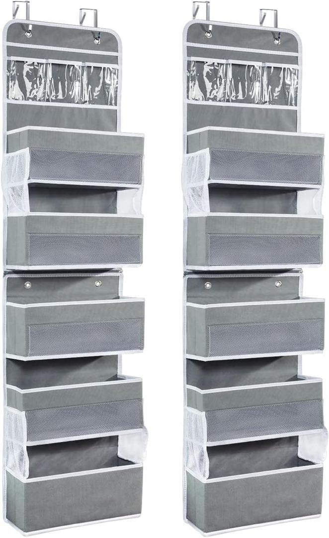 2 Packs 6-Shelf Over The Door Organizer, Flexible 1 Split into 2(4 Packs 3-Shelf) Hanging Storage Wall Mount with 4 Side Pockets, Swing-Proof Behind Door for Bathroom Closet, Grey