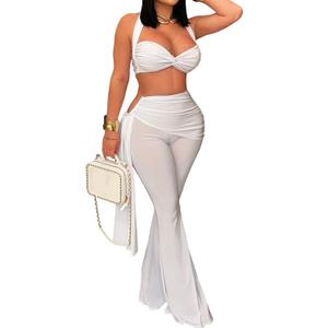 Women's Two Piece Outfits Crop Top and Flare Pants Set Club Going Out | Crop Top, Flare Pants Set, Going Out Sets, Two Piece Sets for Women Going Out, Two Piece Concert Outfits, Sexy Club Outfits (White) Large