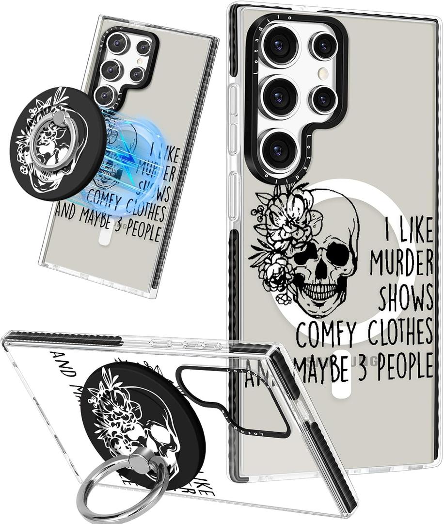 Lotadilo Cute Case for Samsung Galaxy S25 Ultra for Women Girls - Funny Skull Design Compatible with Magsafe Magnetic Ring Holder Kickstand Fashion TPU Phone Covers