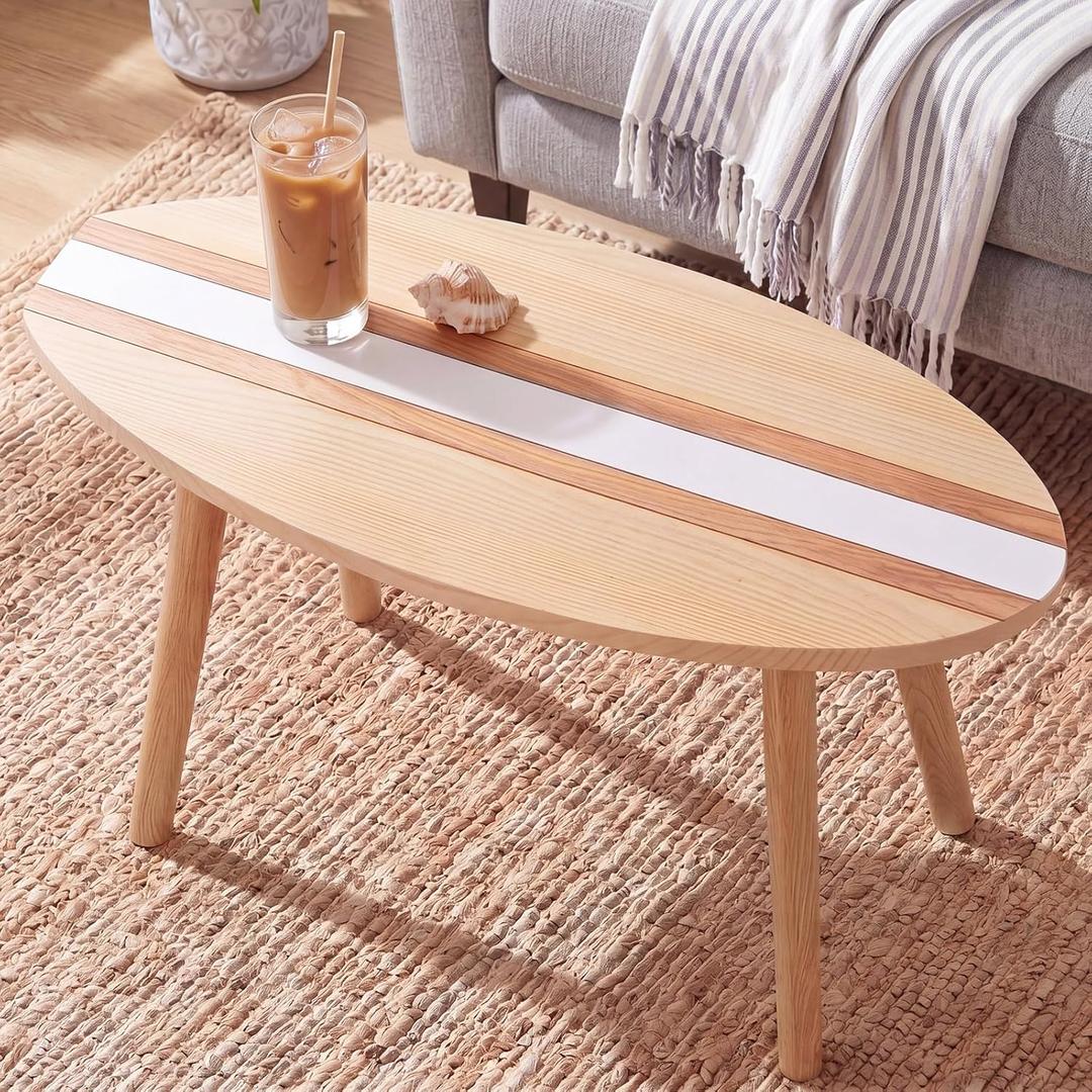 Novabright Coastal Decorative Surfboard Coffee Table, Solid Wood Small End Table 23.6 x 16.5 Inch, Stripe Overlaid Side for Living Room Bedroom Balcony Yard