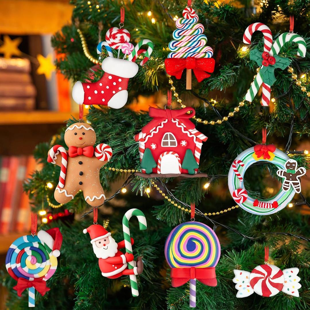 10pcs Candy Christmas Ornaments for Tree Decorations Peppermint Candy Cane Lollipop Ornaments Polymer Clay Christmas Ornaments for Christmas Party Home Decor