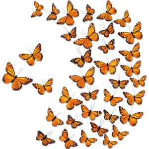 Chuangdi 36 Pcs Feather Monarch Butterfly Decorations 3size Artificial Monarch Butterfly 3D Realistic Flying Wall Decor for DIY Craft Home Wedding Party Fall Day of The Dead Decor (Orange)