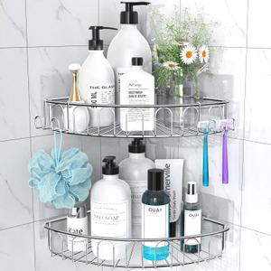 Orimade Corner Shower Caddy Stainless Steel with Hooks Wall Mounted Bathroom Shelf Storage Organizer Adhesive No Drilling 2 Pack, Silver Only for 90-Degree Corner